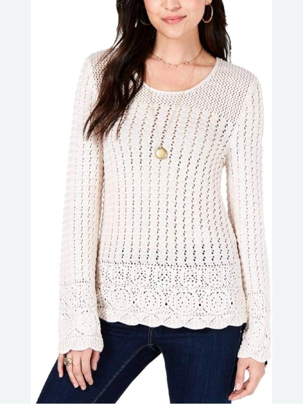 Style & Co Women's Crochet Pullover Sweater, Size M in River Rock (Beige),NWOT